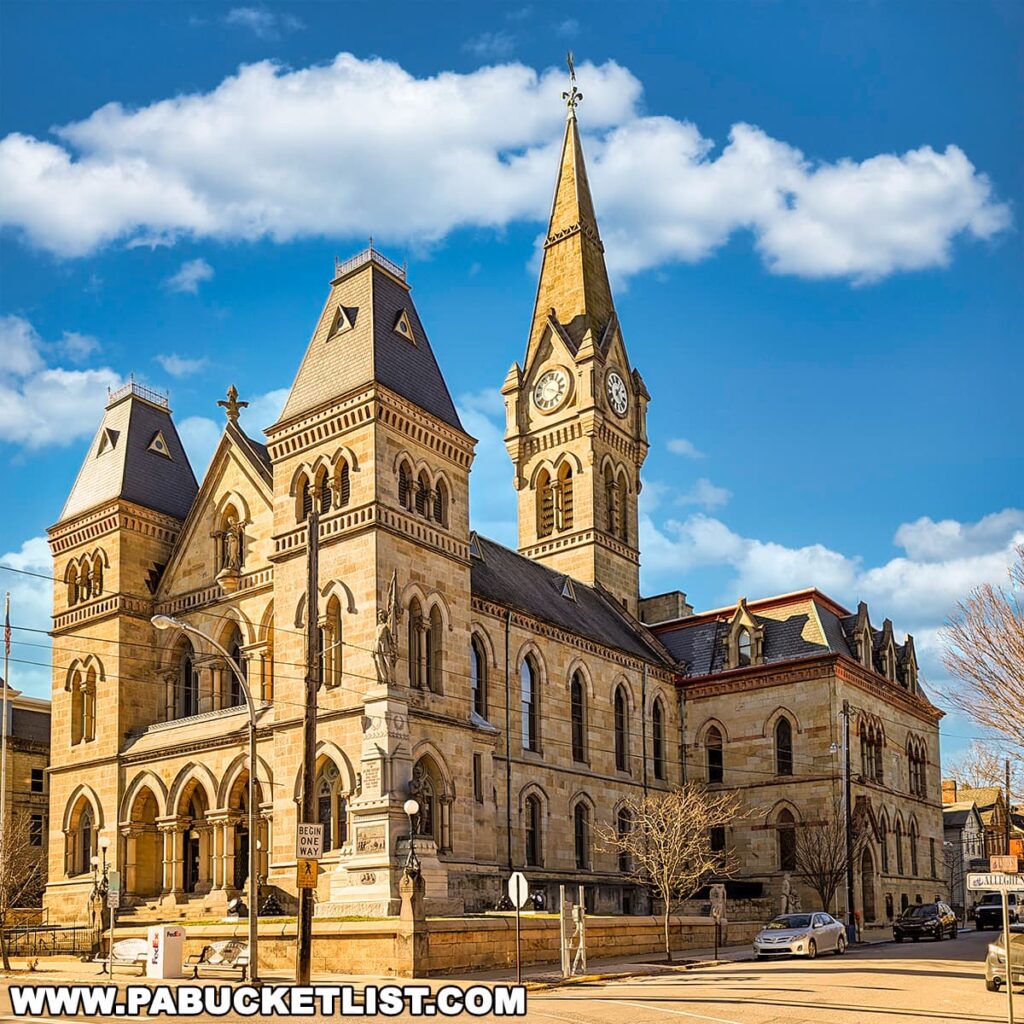 The historic Blair County Courthouse in Hollidaysburg, Pennsylvania, is captured on a sunny day with a few clouds in the blue sky. This striking example of 19th-century architecture features a prominent clock tower with a spire, arched windows, and a mix of stone and brickwork. The courthouse is situated at a street corner, with steps leading up to a double-door entrance. There's a street sign in the foreground and a small car parked on the street beside the building.