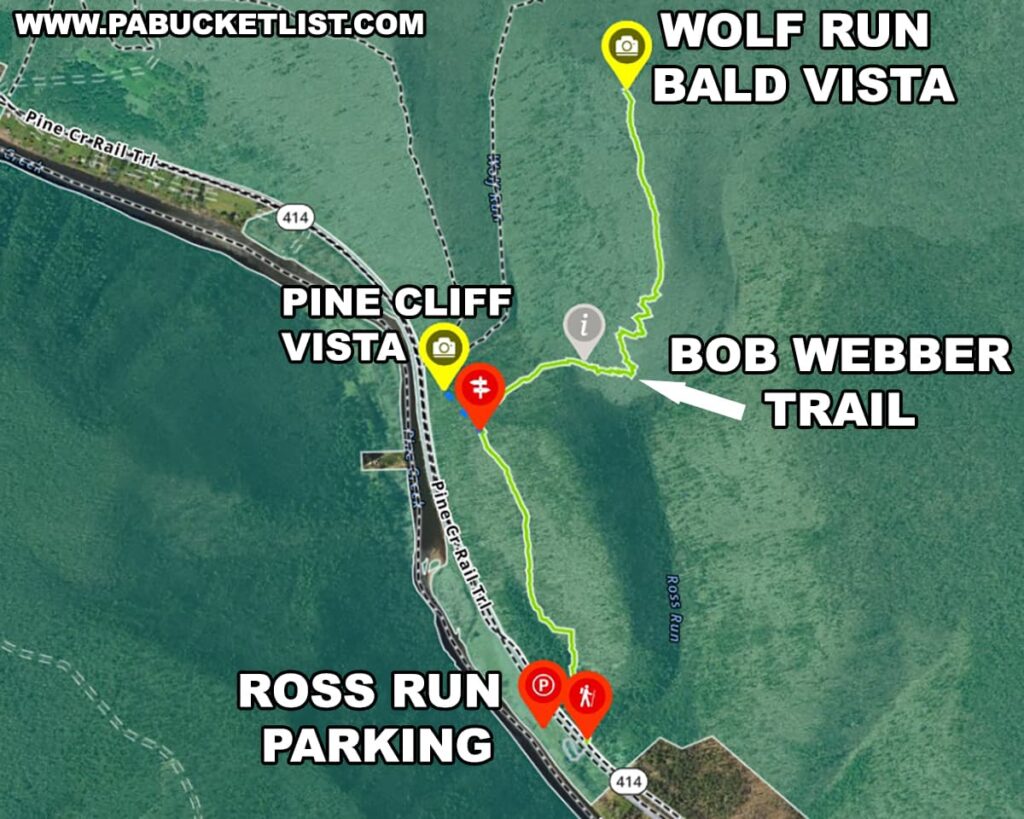 A satellite map highlighting the Bob Webber Trail in the Tiadaghton State Forest, Lycoming County, Pennsylvania. The map shows a trail starting from Ross Run Parking area marked with a red pin, leading up through the forest to the Pine Cliff Vista point indicated by a yellow camera icon. The trail continues winding through the forest to reach the Wolf Run Bald Vista, marked with a yellow camera pin.