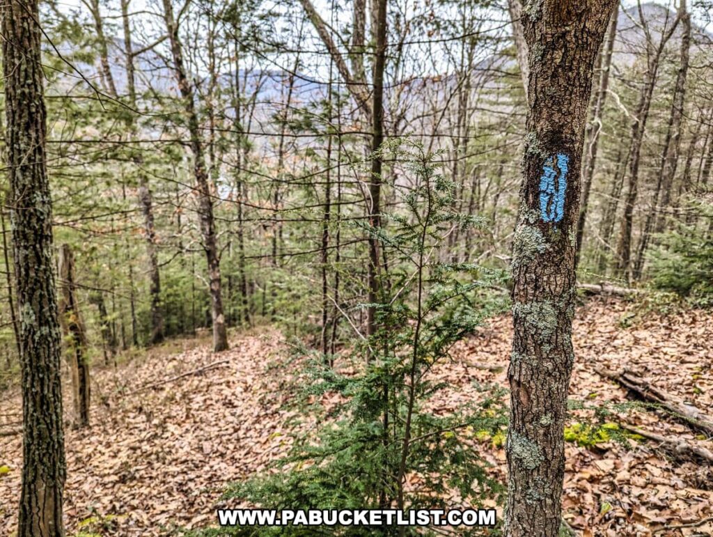 A tree marked with a blue blaze indicates the trail route on the Pine Cliff Trail in Tiadaghton State Forest, Lycoming County, Pennsylvania. The forest is composed of a mix of leafless deciduous trees and young evergreens, with a carpet of fallen leaves covering the forest floor. The woodland appears quiet and undisturbed, typical of a late fall or early spring setting. In the background, the rolling hills of the forest landscape can be glimpsed through the trees.