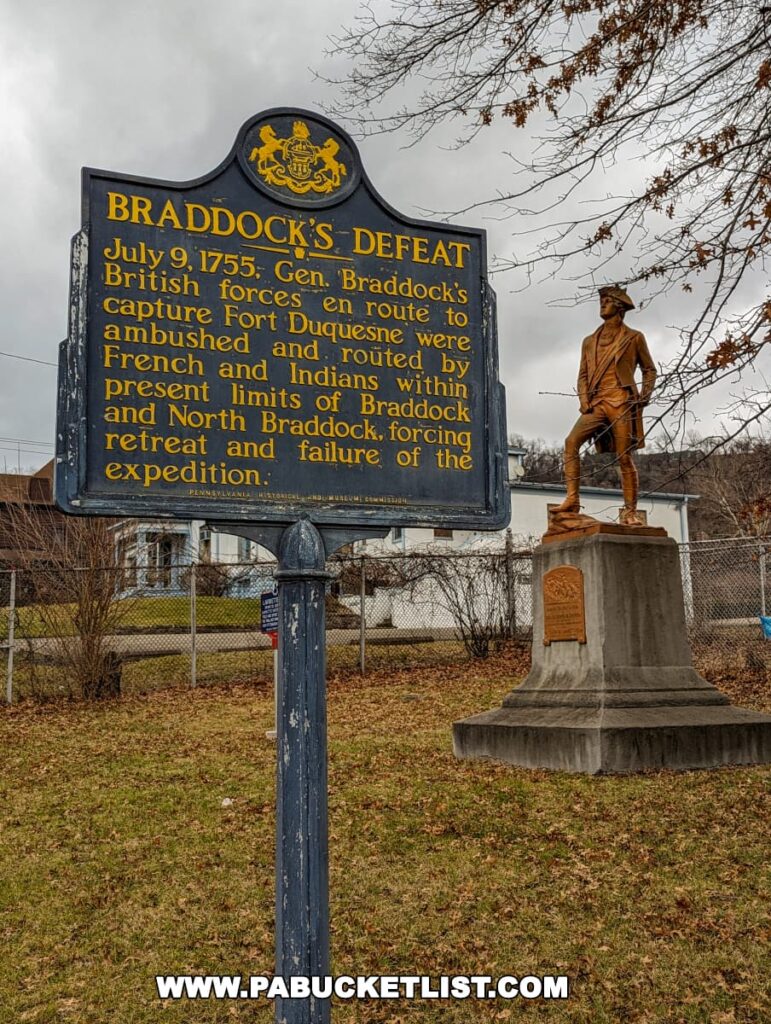 A historical marker titled "Braddock's Defeat" at Braddock's Battlefield History Center near Pittsburgh. The sign is dated July 9, 1755, and recounts General Braddock's British forces being ambushed and defeated by French and Indians within the present limits of Braddock and North Braddock. In the background, there is a statue on a pedestal and a residential area with bare trees and a cloudy sky.
