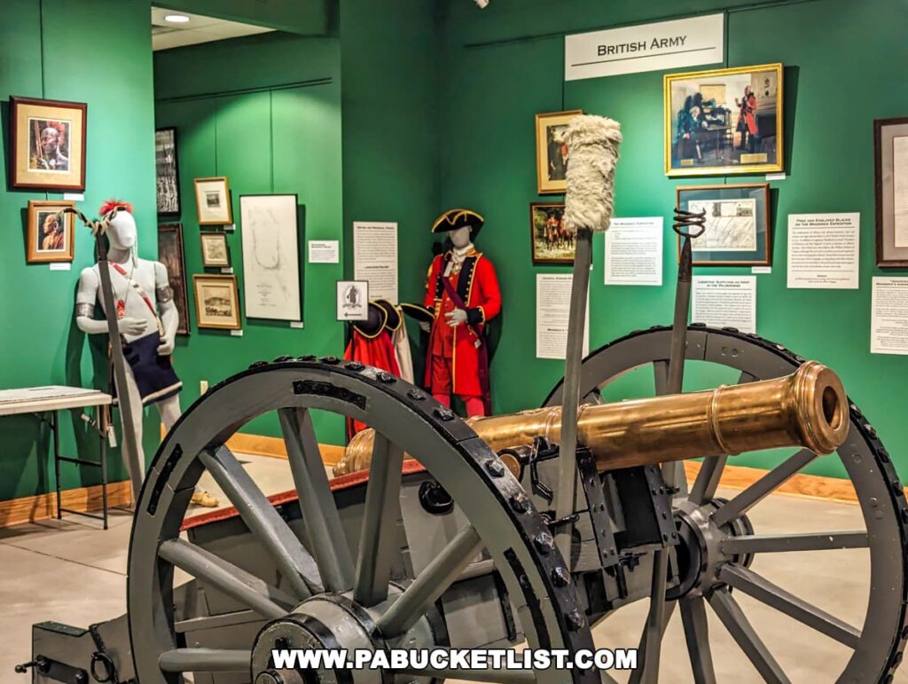 Exhibit at Braddock's Battlefield History Center featuring British Army artifacts. In the foreground is a well-preserved brass cannon on a grey carriage. To the left, a mannequin is dressed in a colonial-era white shirt and red sash, while another mannequin on the right wears a full British redcoat uniform. The wall behind is adorned with various framed historical prints, paintings, and explanatory texts under the header "BRITISH ARMY."