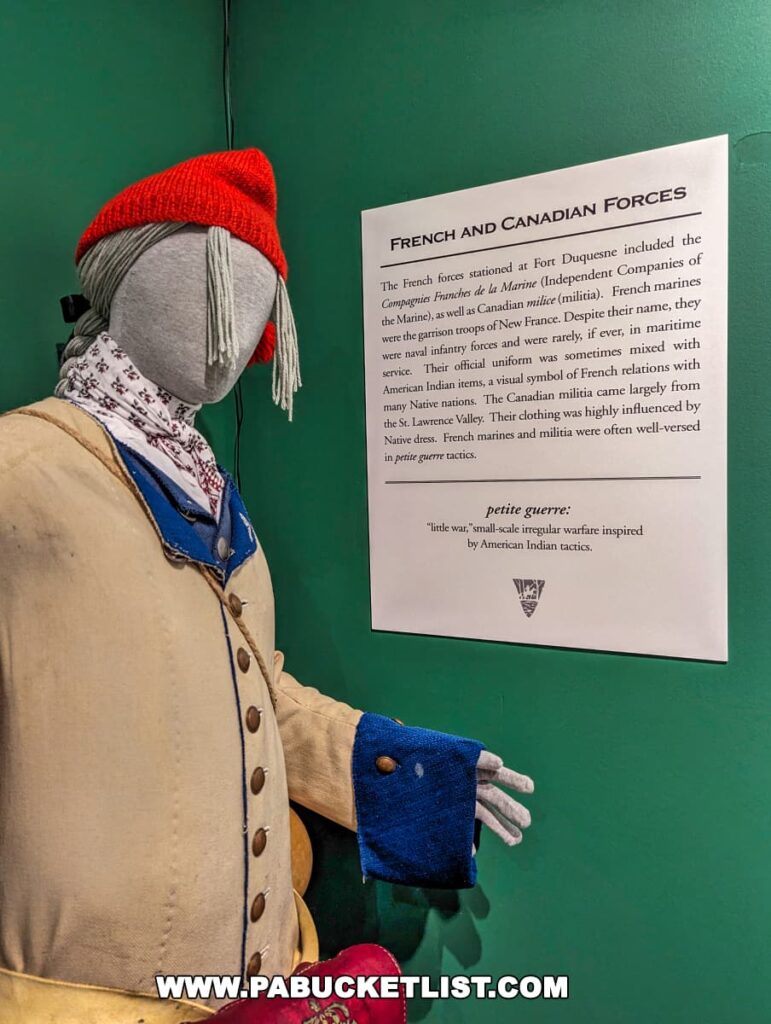 A mannequin at Braddock's Battlefield History Center dressed in historical French military attire, including a red knitted cap, a cream-colored coat with blue cuffs, and a blue waistcoat. Next to the mannequin is an informational poster about French and Canadian Forces, detailing their involvement and tactics in the conflict associated with the center's historical focus.