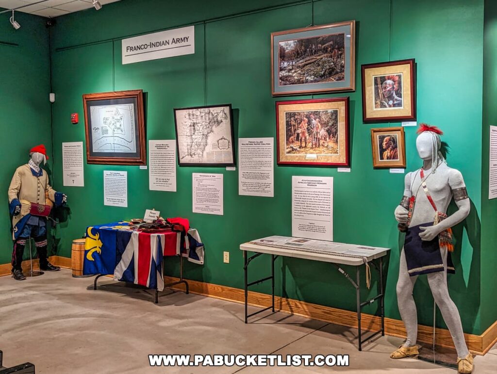 An exhibition titled "Franco-Indian Army" at Braddock's Battlefield History Center, featuring mannequins dressed in French and Native American warrior attire. The French uniform includes a blue coat with red and gold detail, while the Native American attire features a breechcloth, leggings, and traditional adornments. The background is a green wall with framed artworks and maps related to the historical period, as well as informational texts.
