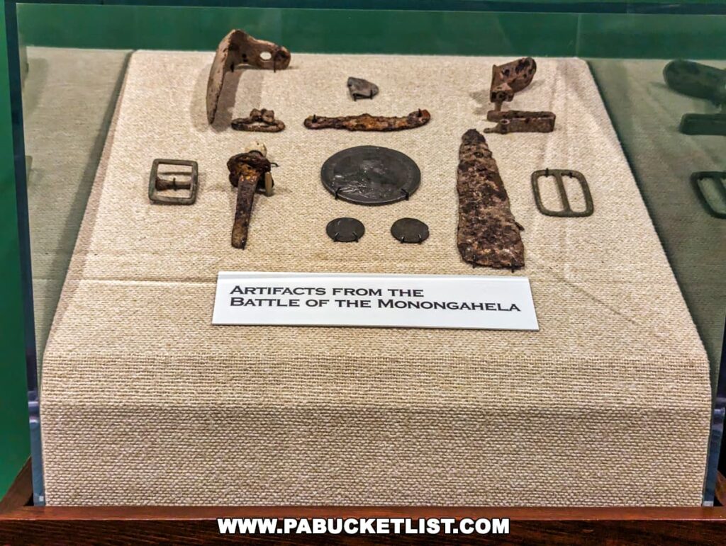 Display case of historical artifacts from the Battle of the Monongahela at Braddock's Battlefield History Center near Pittsburgh. The artifacts include metal pieces of various shapes and sizes, such as buckles, nails, and tools, all showing signs of corrosion and wear. A placard at the front of the display reads "Artifacts from the Battle of the Monongahela."