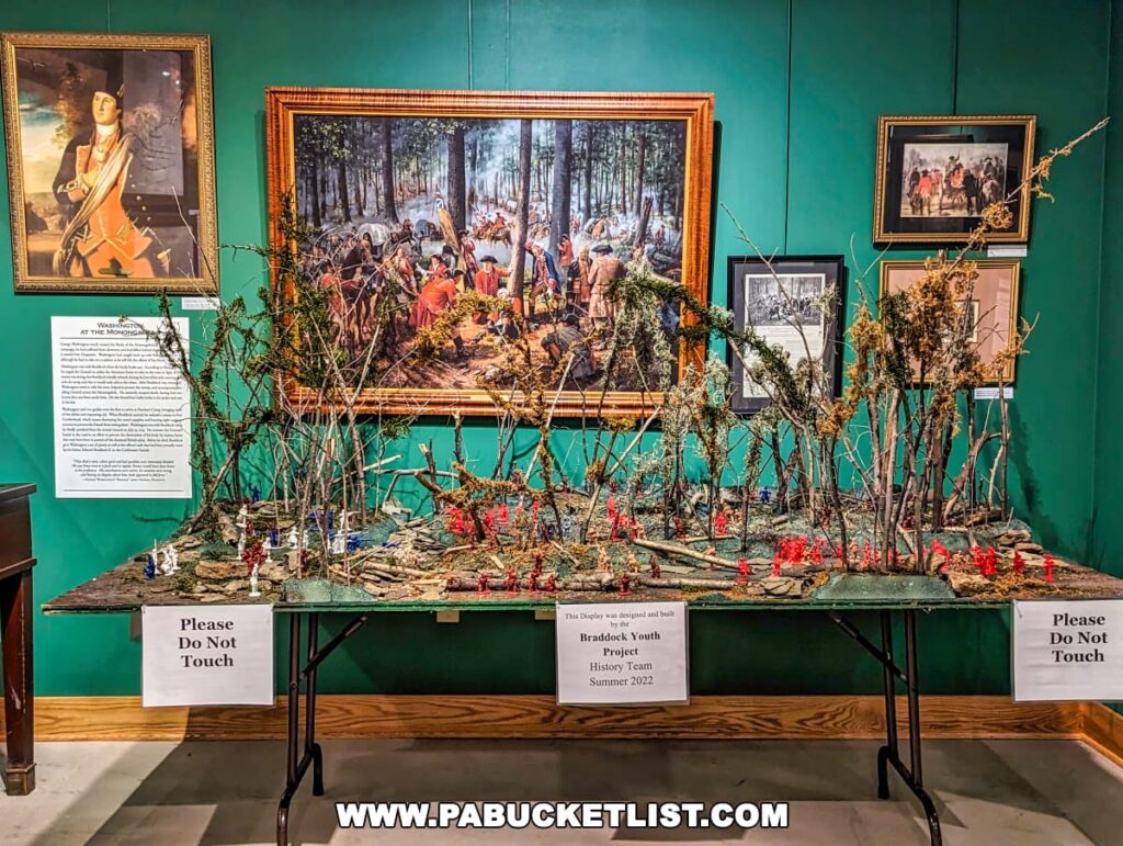 A detailed diorama depicting the Battle of the Monongahela at Braddock's Battlefield History Center. The foreground features miniature soldiers and terrain representing the historic event, flanked by "Please Do Not Touch" signs. Behind the diorama, various paintings and information panels adorn the green walls, including a large central painting depicting a battle scene, a portrait to the left, and additional framed artworks to the right, all contributing to the exhibition's narrative.