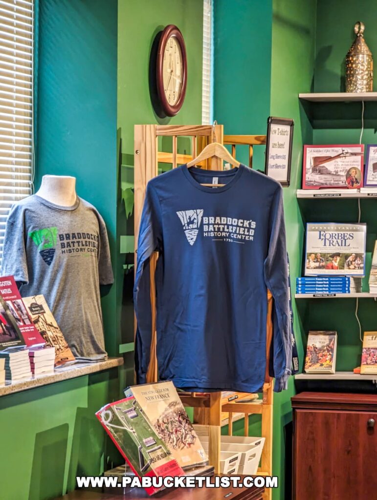 Inside the gift shop at Braddock's Battlefield History Center, featuring a selection of souvenirs including branded t-shirts on mannequins, books on historical subjects, pamphlets, and other memorabilia. A wooden clock hangs on the green wall above a display shelf with neatly arranged items for visitors to purchase.