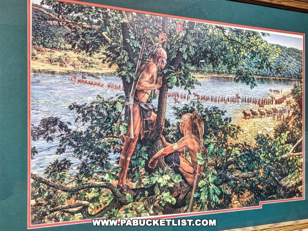 A framed painting displayed at Braddock's Battlefield History Center depicting two Native American warriors observing British troops crossing the Monongahela River. The scene is set in a lush, green landscape with the river and the red-coated soldiers in formation, conveying a moment from the historical Battle of the Monongahela.