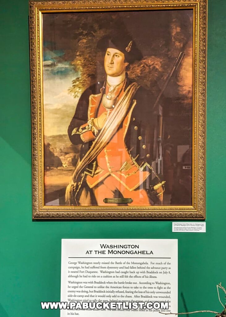 A framed painting of George Washington displayed at Braddock's Battlefield History Center, with an informational placard below titled "Washington at the Monongahela." The portrait shows Washington in a military uniform from the era, featuring a red coat with blue facings and gold buttons, a white waistcoat, and black tricorn hat. The placard provides historical context about Washington's role and experiences during the Battle of the Monongahela.