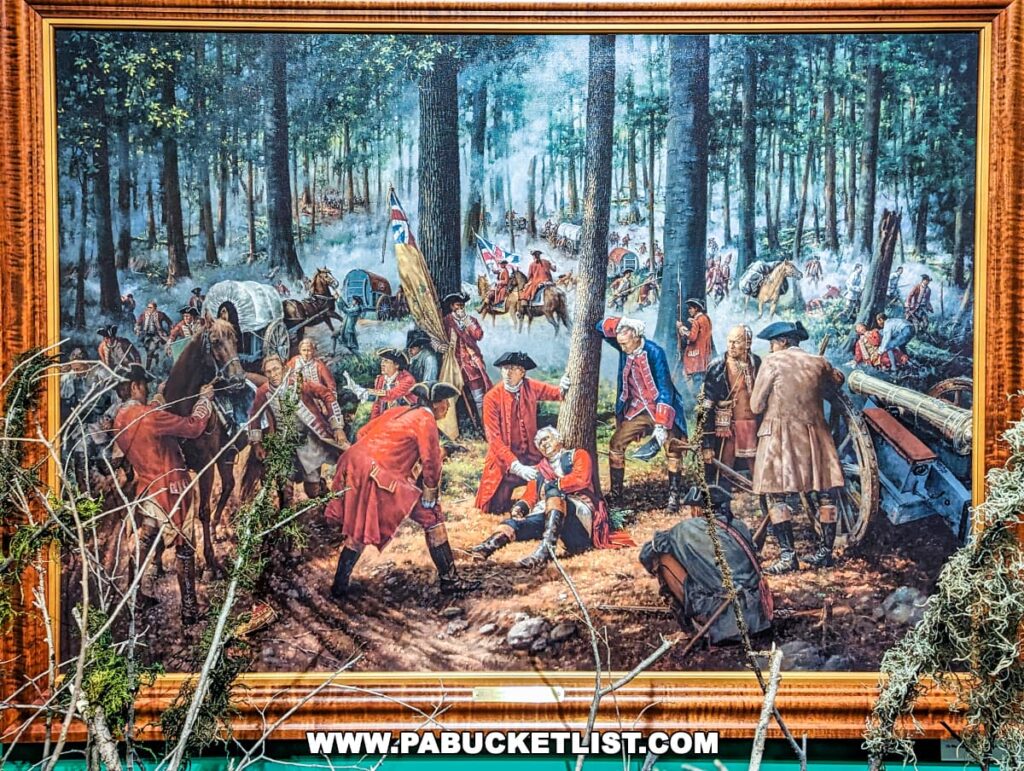 A detailed painting at Braddock's Battlefield History Center depicting the wounding of General Braddock. The scene is set in a dense forest with soldiers in red uniforms and others in civilian clothing, amidst chaos and battle. In the center, a figure presumed to be General Braddock is being attended to, showing the tense and urgent moments on the battlefield. The artwork captures the intensity and drama of the historical event it represents.