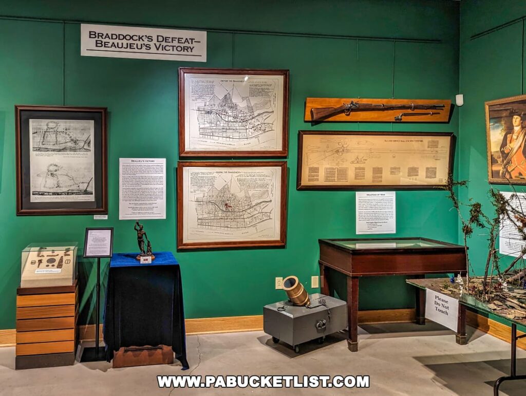 An exhibit at Braddock's Battlefield History Center titled "Braddock's Defeat–Beaujeu's Victory," featuring framed historical maps, a rifle displayed on the wall, and descriptive texts detailing battle strategies and accounts. Also included are artifacts in a display case, a small cannon model, and a sign reminding visitors "Please Do Not Touch" the exhibits. The green walls of the exhibit space provide a contrasting backdrop that highlights the historical documents and artifacts.