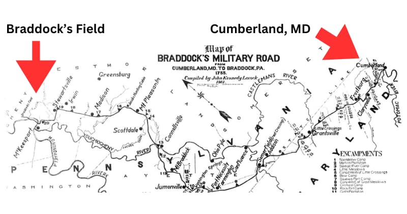 A map detailing the 1755 route General Braddock took from Cumberland, Maryland to modern day Braddock, PA.