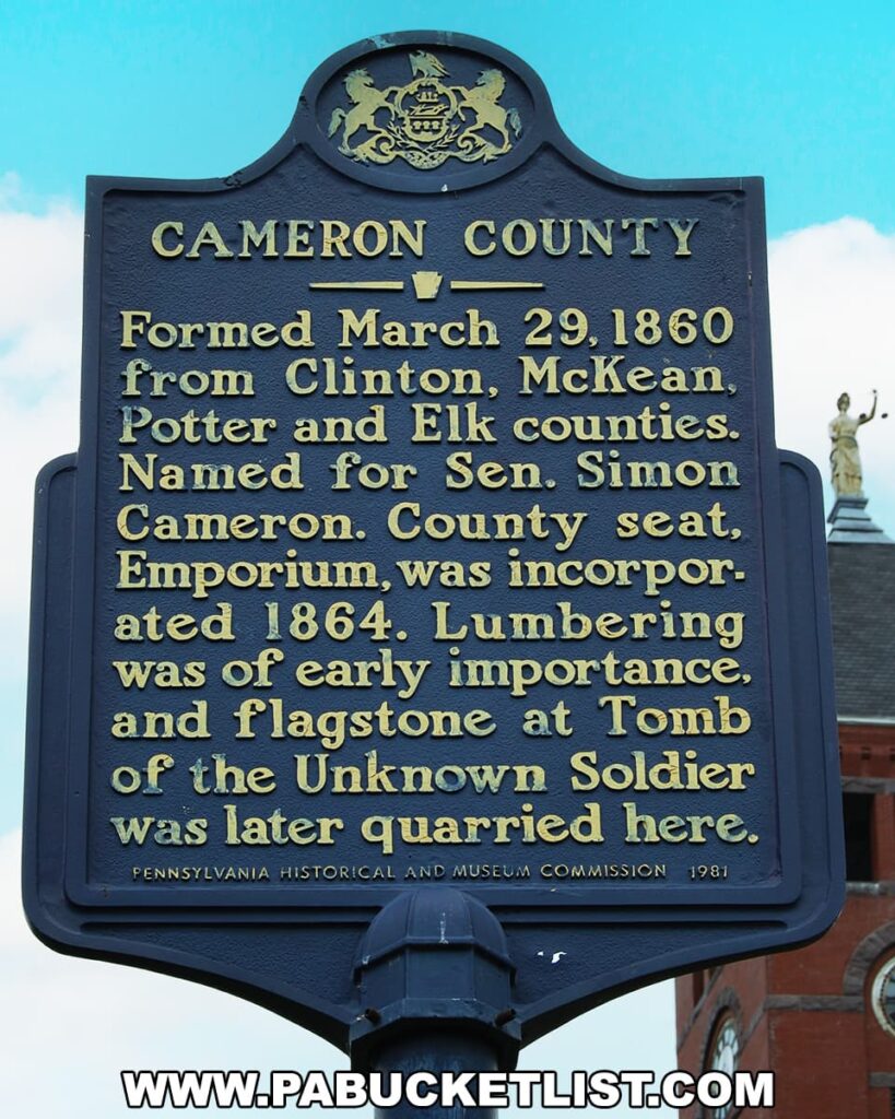 Photograph of a blue historical marker in Cameron County, Pennsylvania, with gold lettering. It provides historical information, mentioning the county was formed on March 29, 1860, from parts of Clinton, McKean, Potter, and Elk counties. Named after Senator Simon Cameron, with Emporium as the county seat. Lumbering and flagstone, used at the Tomb of the Unknown Soldier, were important industries. The marker is from the Pennsylvania Historical and Museum Commission, dated 1981.
