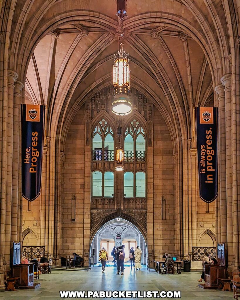 An interior view of the Cathedral of Learning at the University of Pittsburgh featuring the grand Gothic architecture. The photo shows a spacious hall with high arched ceilings, ornate hanging chandeliers, and tall stained glass windows. Two large banners hang from the ceiling, one reads "Here, progress" and the other "is always in progress", flanking the central pathway. People are walking through the hall, some in groups and some alone. The warm lighting from the chandeliers casts a welcoming glow over the stone interior.