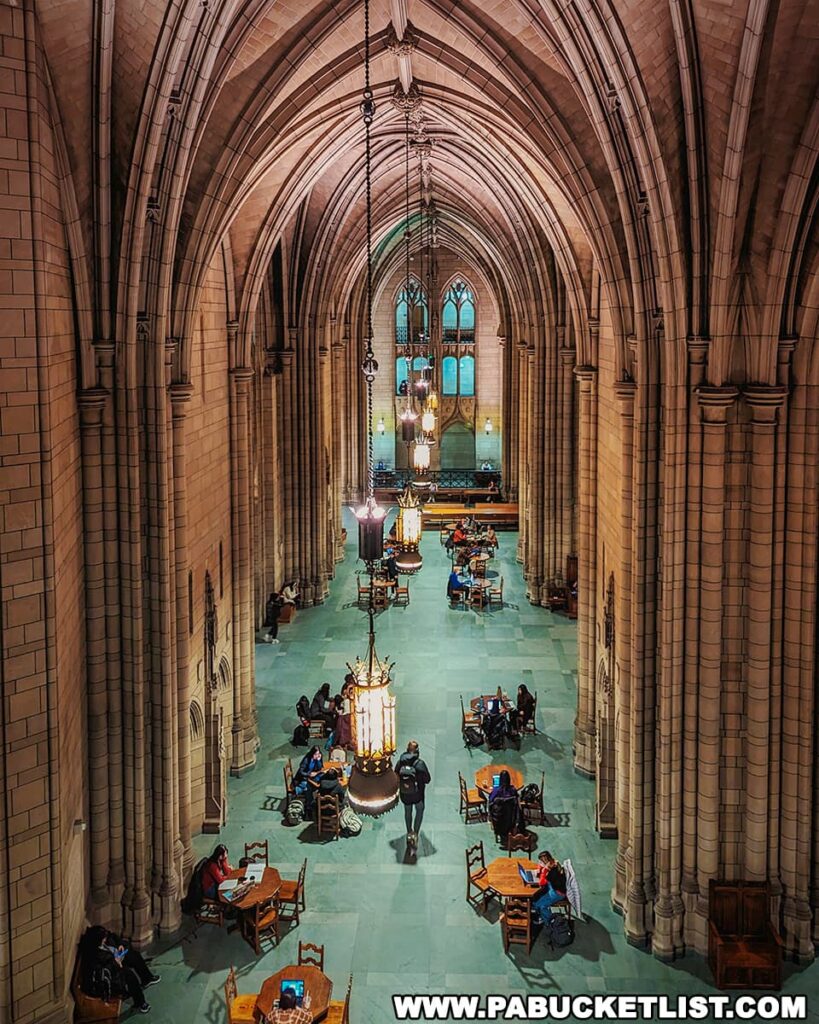 An interior view of the Cathedral of Learning's Commons Room at the University of Pittsburgh. The Gothic architecture is characterized by tall stone arches, ribbed vaults, and hanging chandeliers. The room is filled with wooden tables and chairs where students are seated, some studying and some using laptops. The atmosphere is studious and serene, lit by warm artificial light, contrasting with the daylight filtering through the stained glass windows. The high ceiling and stone columns add to the grandeur of the space.