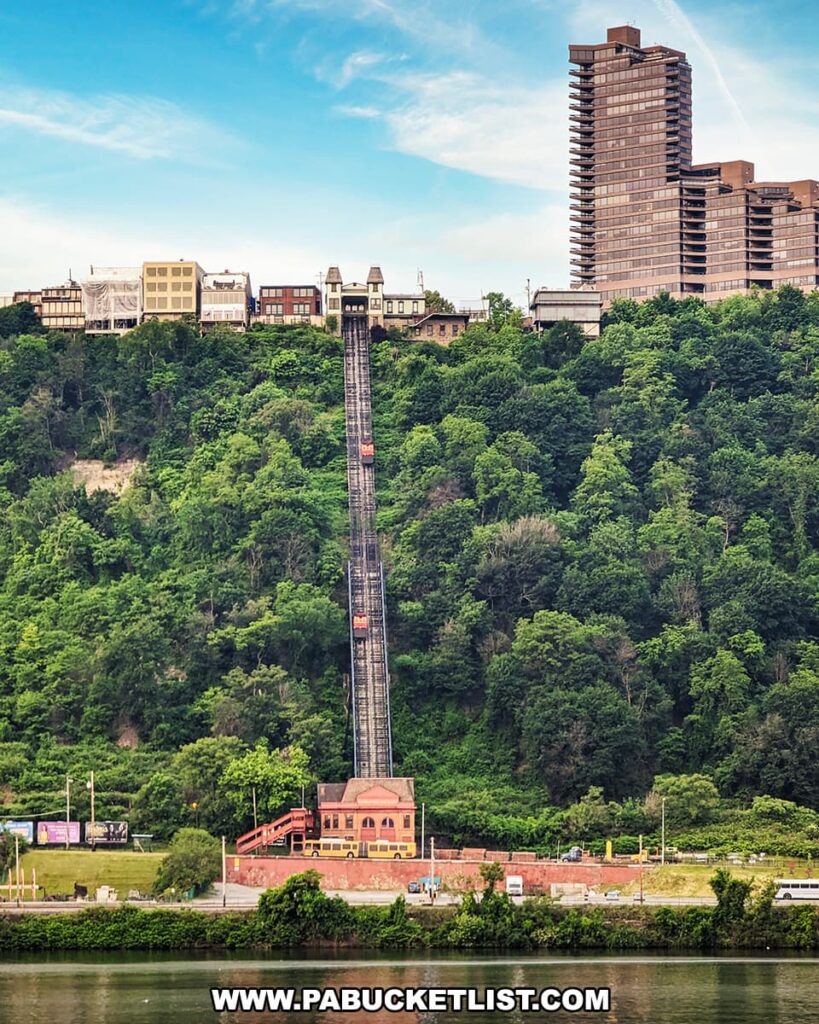 A front view of the Duquesne Incline in Pittsburgh, Pennsylvania, with its track ascending a lush green hillside. At the base is the red station house, and at the top, the incline meets a neighborhood with varied architecture, including modern high-rise buildings and traditional houses. The incline provides a unique transportation link between the riverfront at the bottom and the residential area atop the hill. The Allegheny River is visible in the foreground, reflecting the sky and greenery.
