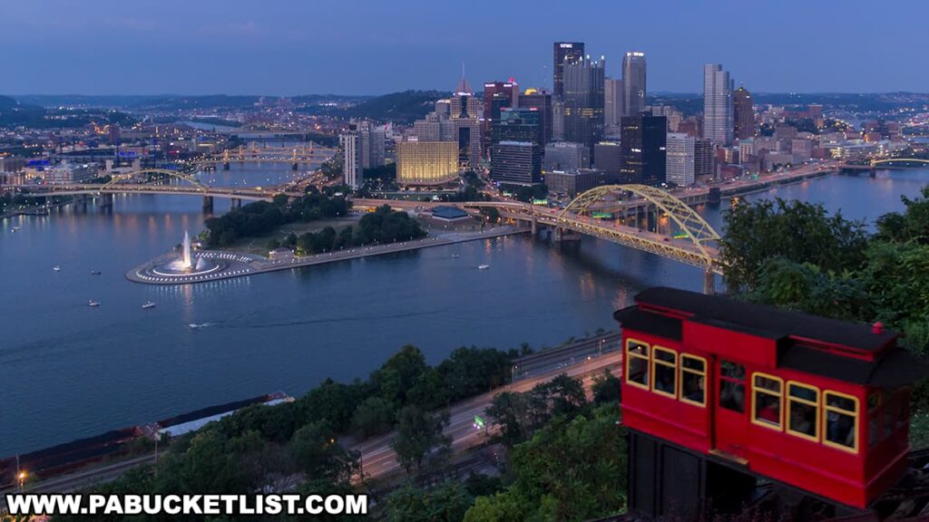 A twilight view of downtown Pittsburgh, Pennsylvania, from Mount Washington. The skyline is illuminated with lights from various buildings, and the iconic yellow Fort Duquesne Bridge spans across the Allegheny River. A red Duquesne Incline cable car is in the foreground, providing a historic mode of transportation up the steep hill. The Point State Park fountain is visible at the confluence of the rivers, and boats can be seen on the water. The city is alive with urban activity, and the sky is transitioning from blue to shades of pink and purple as night approaches.