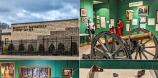 A four-photo collage of Braddock's Battlefield History Center near Pittsburgh, featuring the building's exterior with its name on the facade, an indoor display of a historical battle scene diorama, a brass cannon exhibit, and a case of rusted artifacts from the Battle of the Monongahela. Each image captures a different aspect of the museum's offerings, from its architecture to the detailed presentations of historical artifacts.