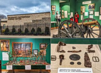 A four-photo collage of Braddock's Battlefield History Center near Pittsburgh, featuring the building's exterior with its name on the facade, an indoor display of a historical battle scene diorama, a brass cannon exhibit, and a case of rusted artifacts from the Battle of the Monongahela. Each image captures a different aspect of the museum's offerings, from its architecture to the detailed presentations of historical artifacts.
