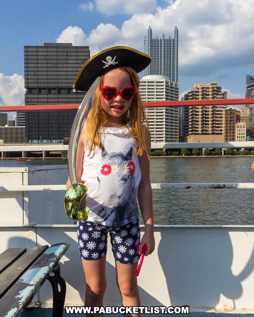 A young child dressed in pirate attire stands on a boat, with the Pittsburgh skyline in the background. She wears a black pirate hat with a skull and crossbones, heart-shaped red sunglasses, and is holding a toy golden goblet. She's smiling and seems to be enjoying her time on the boat, possibly on a sightseeing tour or a themed cruise. The cityscape includes prominent buildings like the cylindrical structure of the Westin hotel, the distinct triangular top of PPG Place, and the vibrant red beams of a nearby bridge.