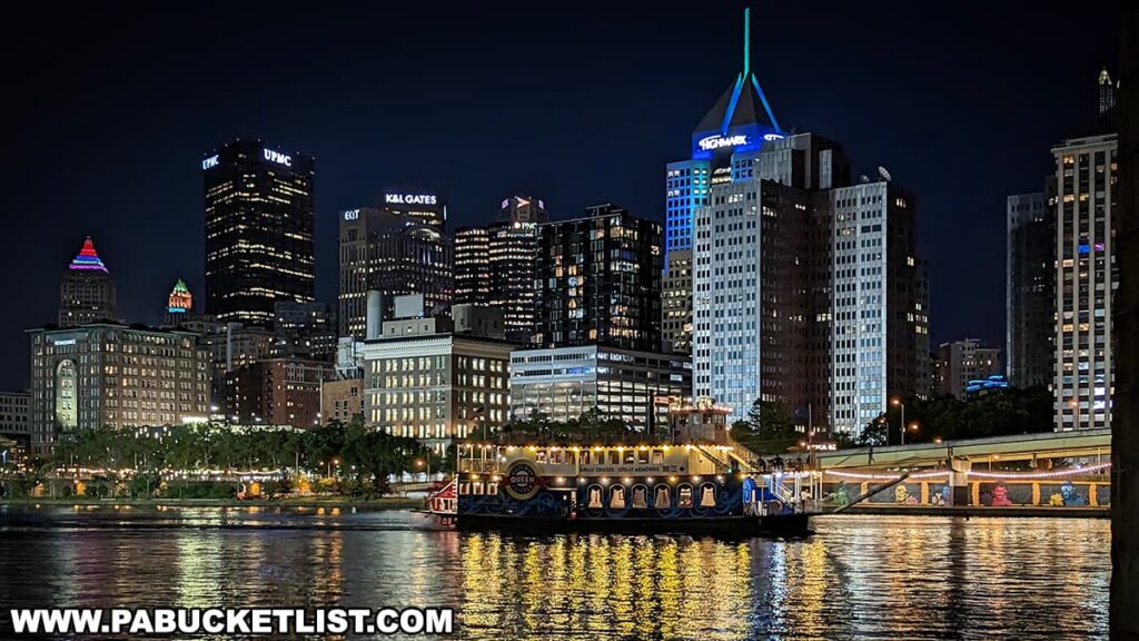 A night view of the Pittsburgh skyline and a Gateway Clipper boat on the Allegheny River. The city lights reflect on the water surface, with prominent buildings such as the UPMC, PNC, and Highmark buildings illuminated against the dark sky. The scene captures the vibrant urban atmosphere along the waterfront.