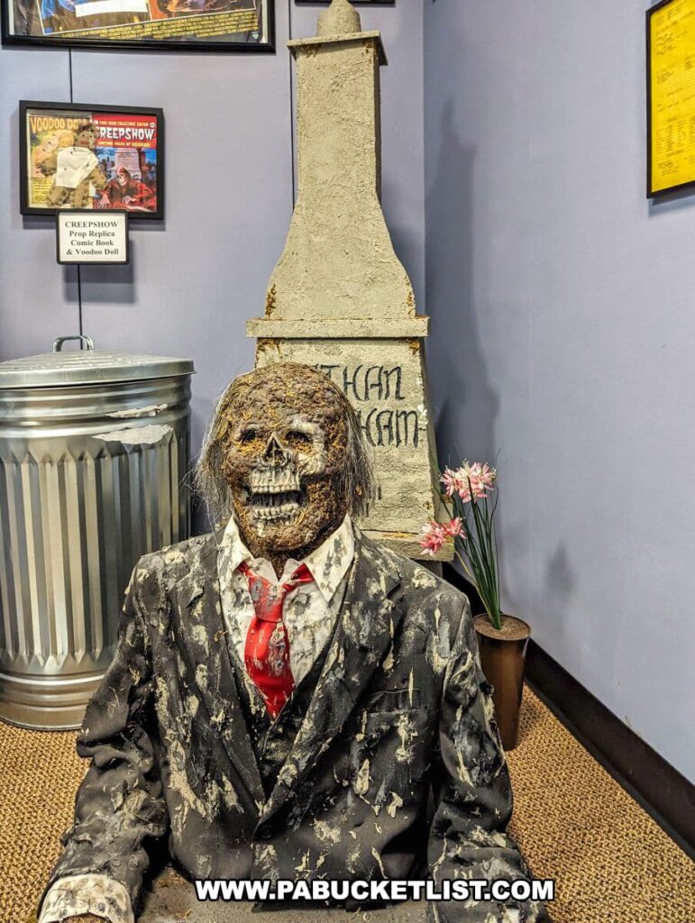 Exhibit at the Living Dead Museum featuring a life-size model of a zombie in a tattered black suit and red tie, seated with a grotesque, decayed face. Behind it is a concrete tombstone prop with the word 'Ethan Grim' scrawled on it. To the left, a vintage metal trash can is visible, and to the right, a potted plant with pink flowers adds a touch of color. The walls are adorned with framed memorabilia, including a 'Creepshow' movie poster and informational displays, set against a purple wall.