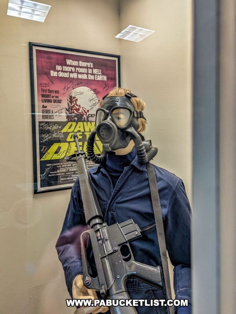 An exhibit at the Living Dead Museum displays a mannequin wearing a gas mask and holding a rifle, evoking a scene from 'Dawn of the Dead'. The mannequin is dressed in a dark blue shirt and pants, suggesting a tactical outfit. Behind it, a large, framed movie poster of 'Dawn of the Dead' is adorned with various signatures, featuring the tagline 'When there's no more room in hell the dead will walk the Earth'. The scene is captured through a glass pane, with reflections visible on the surface, set against a tan wall with recessed lighting above.