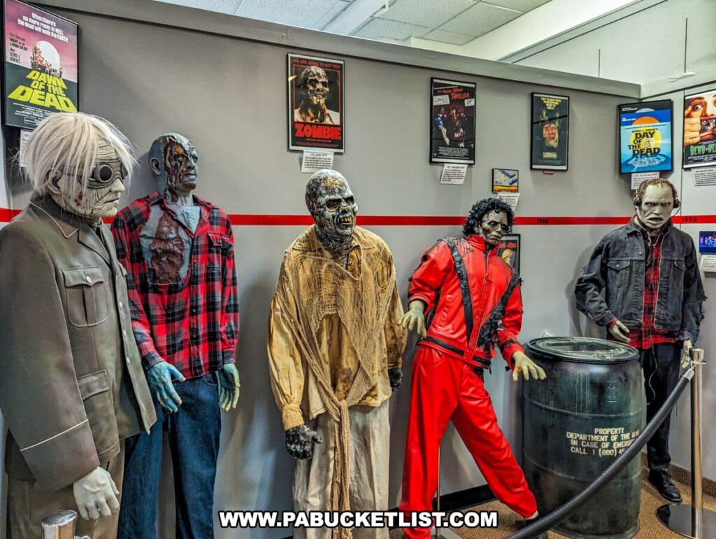 A display at the Living Dead Museum featuring life-sized zombie mannequins from different eras in pop culture. From left to right: a figure in a grey suit with a white mask, a red and black plaid shirt with exposed 'gore', a mummy-like figure in tattered robes, a zombie in a bright red tracksuit, and one in a black jacket. They are set against a grey wall with a timeline of horror movie posters above, including 'Dawn of the Dead' and 'Day of the Dead'. A red stripe runs along the wall, and a barrel labeled 'Property of the Department of Civil Defense' is part of the exhibit.