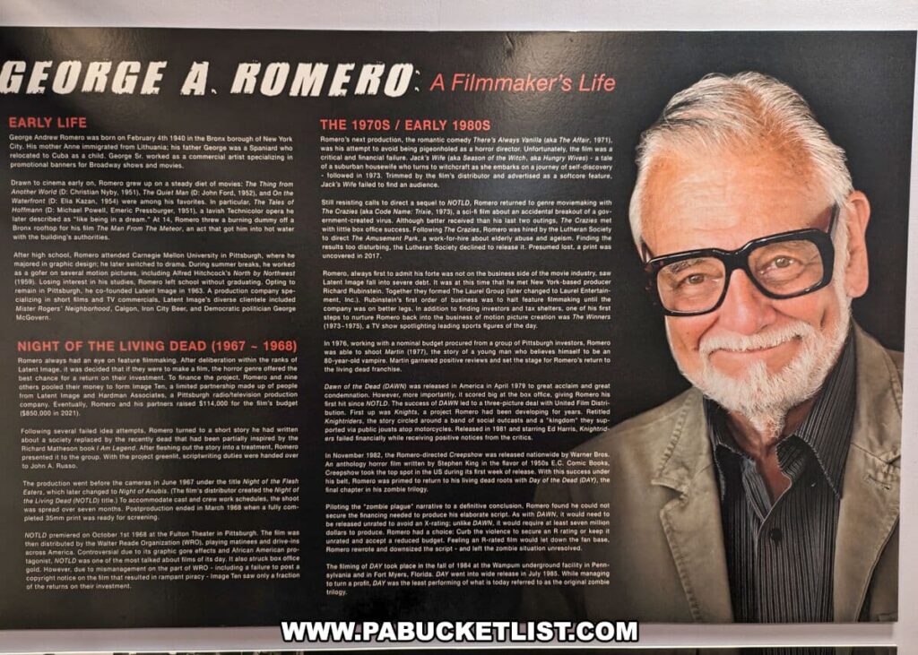 An extensive biography display of filmmaker George A. Romero at the Living Dead Museum. The exhibit features a large black and white panel with a smiling portrait of Romero wearing his signature glasses. The text, divided into sections detailing his 'Early Life', 'Night of the Living Dead (1967 - 1968)', and 'The 1970s / Early 1980s', chronicles significant events and milestones in his career. Each section provides a narrative on his contributions to the film industry, the challenges he faced, and the impact of his work on the horror genre. The text is white on a dark background, ensuring readability and focus on the content.