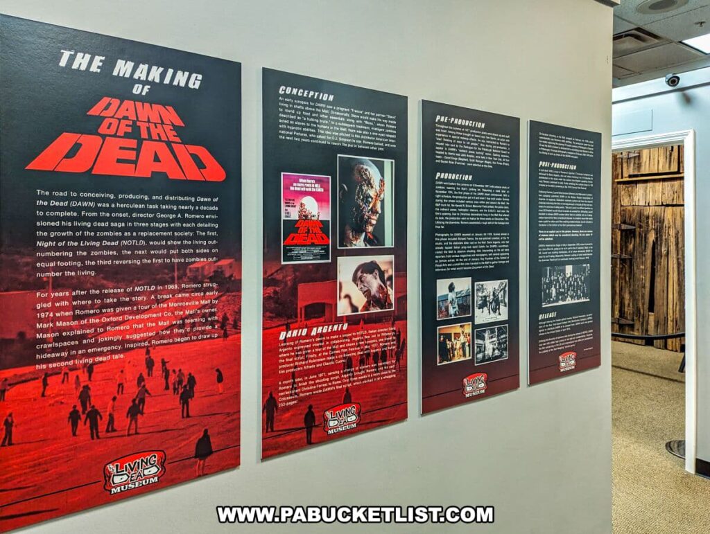 A section of the Living Dead Museum dedicated to 'The Making of Dawn of the Dead'. The exhibit features several large, vertically oriented panels against a grey wall. Each panel contains text and images detailing different phases of the film's creation: conception, pre-production, production, and post-production. The first panel has the title in bold red letters and a silhouette of zombies at the bottom, with the museum's logo. To the right, the continuation of the exhibit can be seen, and in the background, a rustic wooden door adds to the thematic decor of the museum.