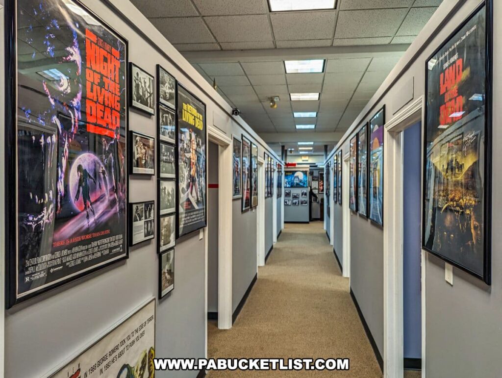 A hallway within the Living Dead Museum lined with framed horror movie posters and black and white photographs on white walls. The posters include iconic images from 'Night of the Living Dead' and 'Land of the Dead'. The hallway is carpeted in grey, and the ceiling has square fluorescent lights. This corridor serves as a tribute to the Living Dead series and the work of George Romero, creating an immersive atmosphere for museum visitors.