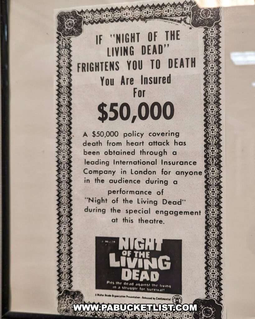 A framed novelty insurance policy on display at the Living Dead Museum, offering $50,000 coverage for anyone who dies of fright from a heart attack while watching 'Night of the Living Dead' at a special theater engagement. The policy, presented in a vintage style with ornate borders and a classic typeface, highlights a unique promotional gimmick associated with the film's release. Below the text is a small reproduction of the movie's poster, adding authenticity to the exhibit and providing context for the museum's visitors.