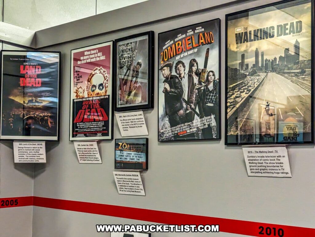 A timeline display at the Living Dead Museum showcasing the evolution of zombie films and television from 2005 to 2010. Framed posters include 'Land of the Dead' (2005), 'Diary of the Dead' (2007), 'Zombieland' (2009), and 'The Walking Dead' Season 1 (2010). Each poster is accompanied by a description plaque, noting significant aspects and the impact of each work. A red horizontal stripe runs along the wall beneath the posters, with years marked in bold, indicating the progression of the genre in popular culture.