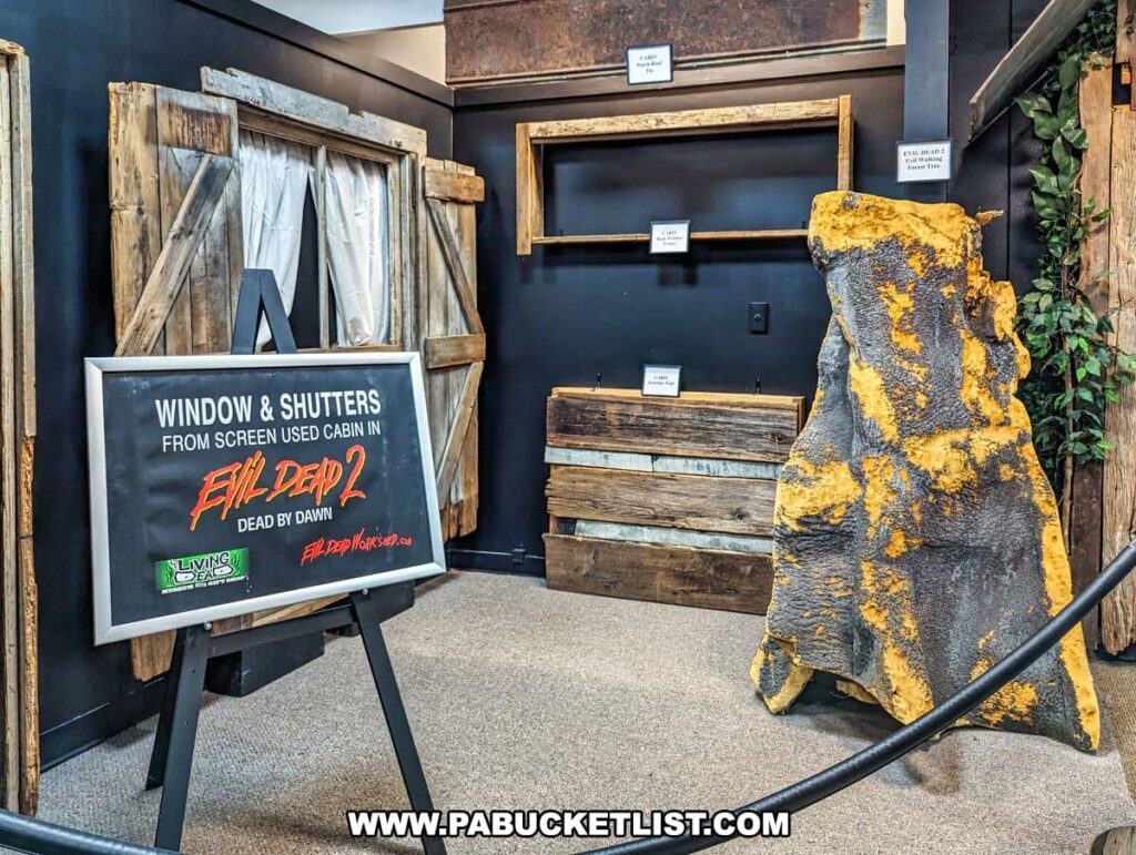 An exhibit at the Living Dead Museum displaying props from the movie 'Evil Dead 2'. The centerpiece is a rustic window frame with shutters, backed by aged wooden planks and flanked by a sign that reads 'WINDOW & SHUTTERS from screen used cabin in EVIL DEAD 2 DEAD BY DAWN'. Beside it stands a large, irregularly shaped piece of bark with vibrant yellow lichen. Small plaques above provide information about the cabin and the tree. This setup offers fans a tangible connection to the film's iconic set pieces.