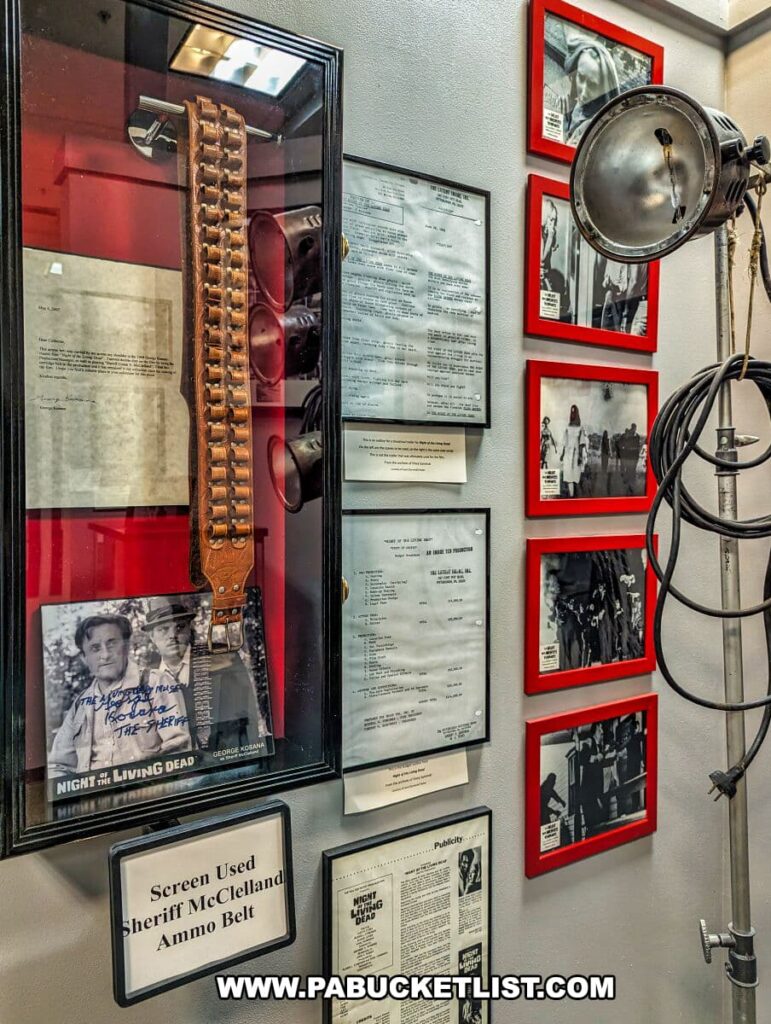 A section of the Living Dead Museum displaying authentic props and memorabilia from 'Night of the Living Dead'. The exhibit features a screen-used sheriff McClelland ammo belt in a glass case, accompanied by a signed photo of the actors, production documents, and vintage publicity materials. Red-framed black and white photos from the film, along with a classic film spotlight, contribute to the exhibit's nostalgic ambiance. Informative plaques provide context, enriching the experience for visitors.