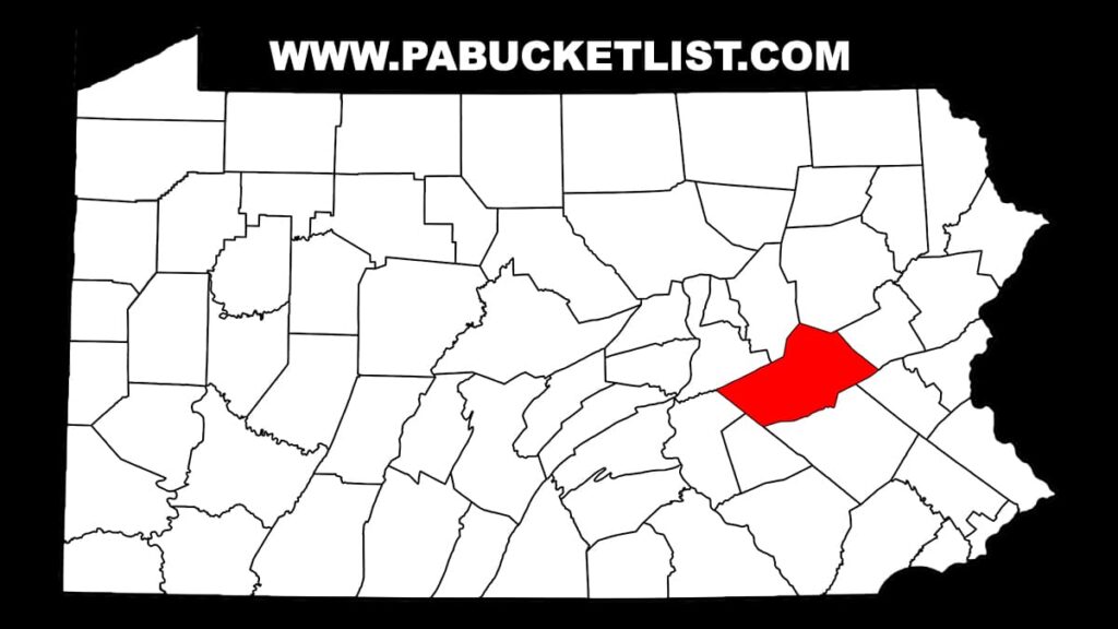 A simplified black and white map of Pennsylvania displaying its counties in white with clear boundaries. Schuylkill County is highlighted in red, located towards the eastern part of the state, in the central region.