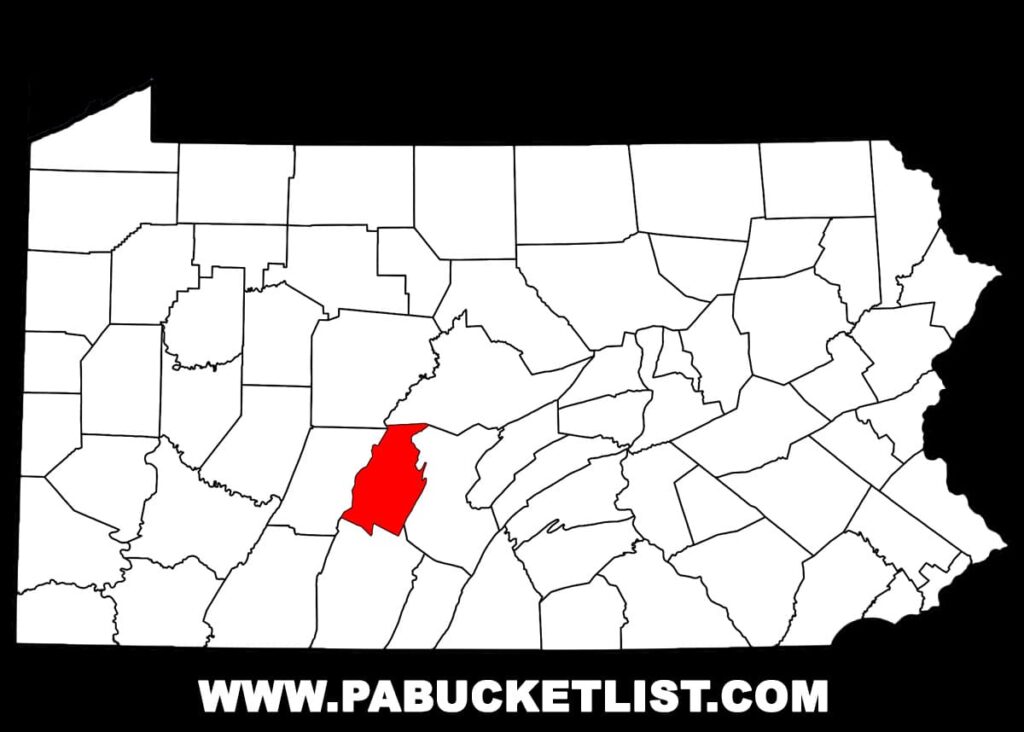A map of Pennsylvania with counties outlined in black on a white background. Blair County is highlighted in red and is located towards the central part of the state. The map is a simple, two-dimensional graphic with no additional geographical features indicated.