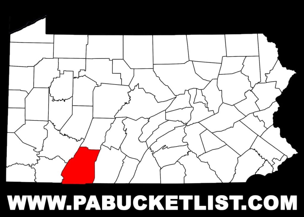 A simplified map of Pennsylvania displaying counties in black and white, with Somerset County highlighted in red. The county is situated towards the southern part of the state, clearly marked and distinguished from surrounding counties.