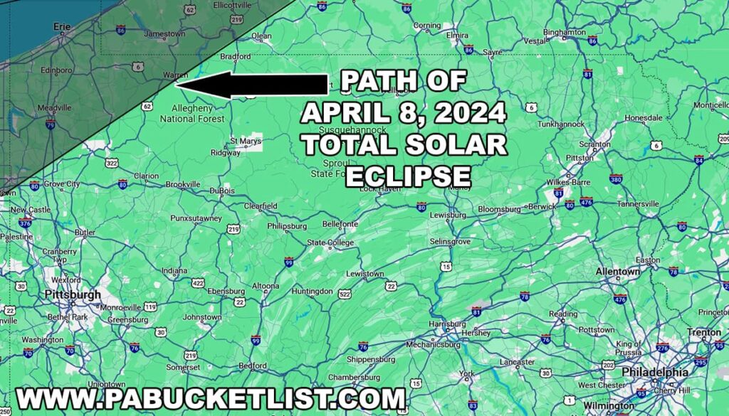 A map showing the path of the April 8, 2024 total solar eclipse across Pennsylvania. A large black arrow points to a line traversing the state, indicating the eclipse's path.