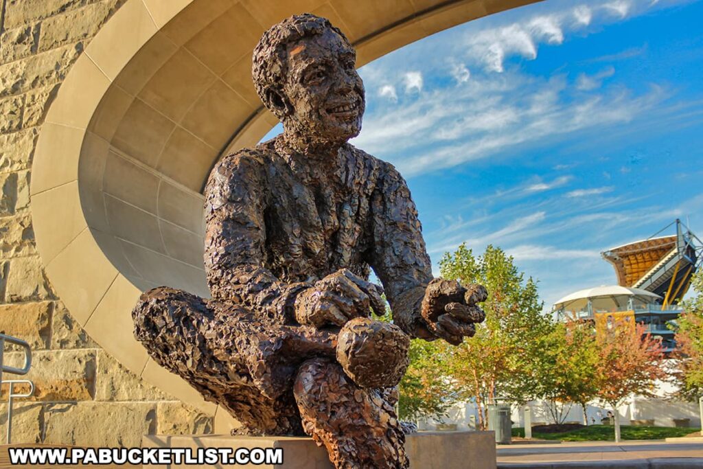 A bronze statue of Fred Rogers from the television show "Mister Rogers' Neighborhood" seated in a casual pose, holding a sneaker in one hand. The statue is set against an archway within a stone structure. In the background, there's a clear blue sky with wispy clouds and the silhouette of Pittsburgh's Heinz Field stadium is partially visible. The artwork captures the warmth and friendliness associated with the beloved TV personality.