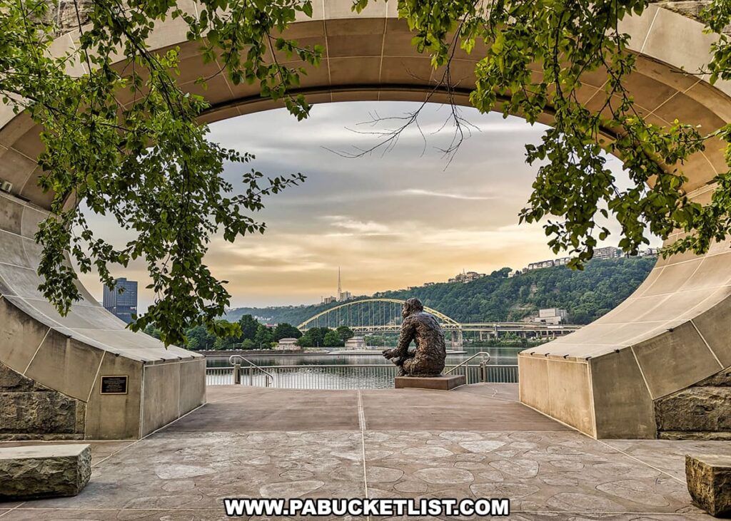 A view from behind the statue of Fred Rogers, located in Pittsburgh, Pennsylvania. The statue overlooks the Allegheny River with a backdrop of the cityscape, including the Fort Duquesne Bridge. The scene is framed by a large, circular concrete arch and green foliage from overhead trees. The sky is overcast, providing soft lighting over the tranquil setting.