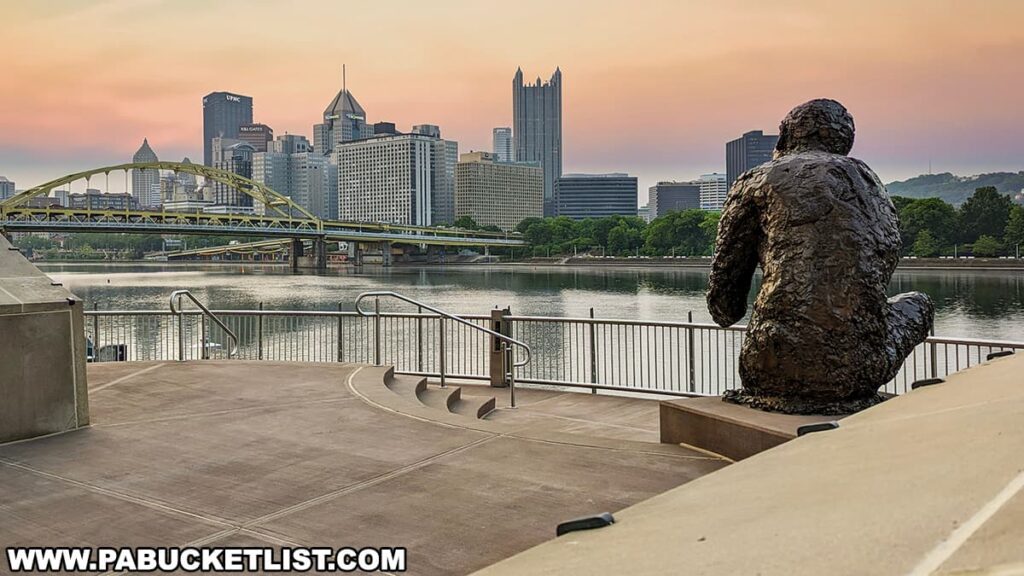 A view from behind the statue of Fred Rogers at the North Shore of Pittsburgh, Pennsylvania, looking out towards the city skyline during sunrise or sunset. The statue sits contemplatively on a bench, facing the Allegheny River with the downtown skyline in the distance, including the distinctive PPG Place and other skyscrapers. The Fort Duquesne Bridge is visible to the left. The sky is painted with soft hues of pink and blue, reflecting on the calm river water.