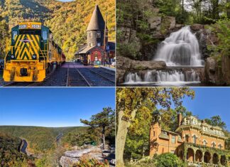 A collage of four images depicting landmarks in Carbon County, Pennsylvania. Top left: A yellow and green striped train engine on railway tracks with a forested hill in the background. Top right: A multi-tiered waterfall cascading over a rock face surrounded by greenery. Bottom left: An aerial view of a serpentine river cutting through a densely forested valley in the fall. Bottom right: A stately Victorian mansion with elaborate architectural details, nestled among mature autumn trees.