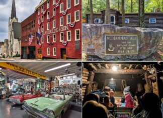 A collage of four images featuring notable attractions in Schuylkill County, Pennsylvania. The top left picture shows the iconic D.G. Yuengling & Son brewery building, a red brick structure with white trim windows, decorated with American flags and a church spire in the background. The top right image displays a large stone with a plaque commemorating Muhammad Ali as a three-time heavyweight champion, set in a serene wooded area. The bottom left photo captures a classic car garage with shiny vintage cars, including a green 1950s convertible, surrounded by automotive memorabilia. The bottom right image depicts tourists on a coal mine tour, seated in a mine car as they descend into the dimly lit depths of the earth.