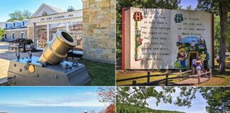A collection of four photos depicting attractions in Westmoreland County, Pennsylvania. Top left: A large historic cannon displayed outside with the Fort Ligonier museum entrance in the background. Top right: A whimsical, large book-shaped mural with a fairy tale theme, inviting visitors to walk through to a park. Bottom left: A person stands on a rocky outcrop overlooking a stunning autumn forest vista. Bottom right: A lineup of colorful kayaks and canoes on the grassy shore of a tranquil lake with a dock in the background.