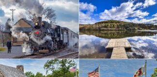 A collage of four images highlighting the must-see attractions in Blair County, Pennsylvania. The top left photo features a historic steam train with plumes of white smoke, and an engineer standing by. The top right shows a serene lake with clear reflections of autumn-tinted trees and fluffy clouds. In the bottom left, a group of reenactors in colonial military uniforms stands in formation at a fort. The bottom right picture displays the colorful and inviting entrance to DelGrosso's Amusement Park, complete with the American and park flags fluttering in the breeze.