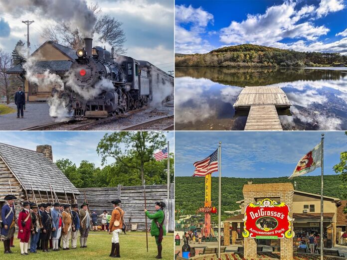 A collage of four images highlighting the must-see attractions in Blair County, Pennsylvania. The top left photo features a historic steam train with plumes of white smoke, and an engineer standing by. The top right shows a serene lake with clear reflections of autumn-tinted trees and fluffy clouds. In the bottom left, a group of reenactors in colonial military uniforms stands in formation at a fort. The bottom right picture displays the colorful and inviting entrance to DelGrosso's Amusement Park, complete with the American and park flags fluttering in the breeze.