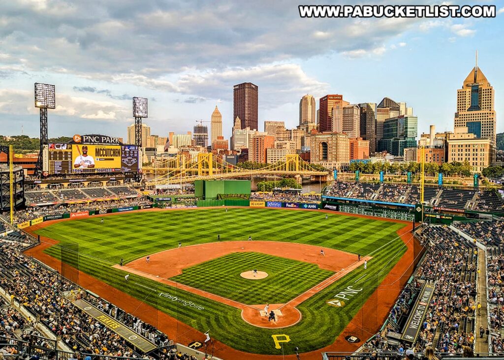 A vibrant view from inside PNC Park in Pittsburgh, Pennsylvania, during a baseball game. The field is immaculately maintained with the downtown skyline, including distinctive buildings like the UPMC, creating a dramatic backdrop beyond the outfield. The Roberto Clemente Bridge is visible, spanning the Allegheny River. The park is filled with fans, and the scoreboard displays a player at bat. The evening sky is tinged with warm hues from the setting sun.