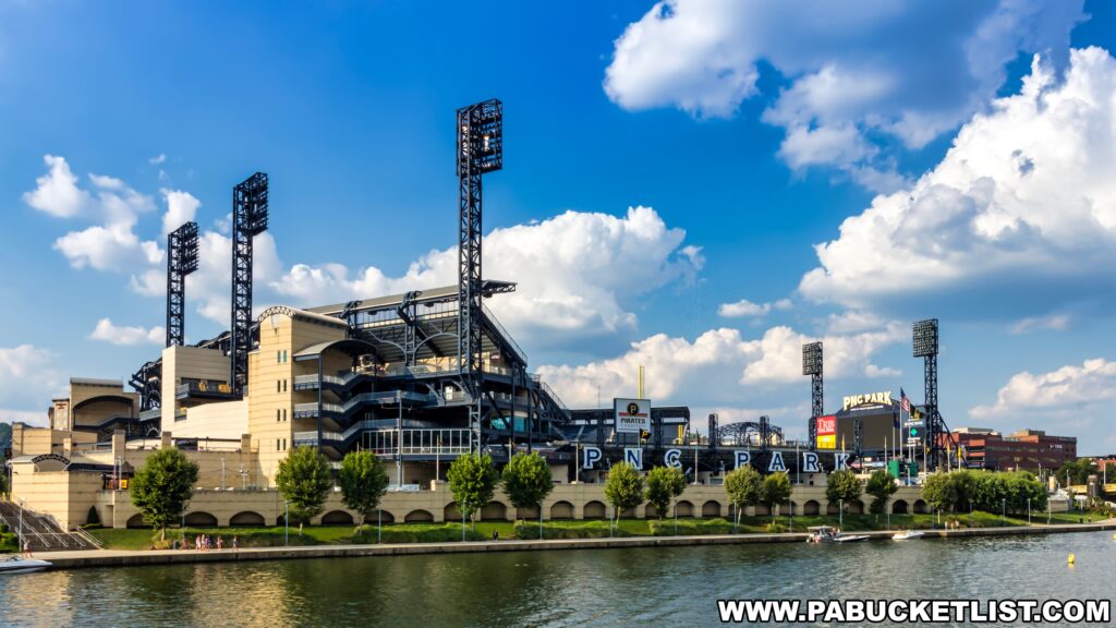 A view of PNC Park from across the Allegheny River in Pittsburgh, Pennsylvania. The home of the Pittsburgh Pirates is recognizable by its large scoreboard and light towers. The stadium's open design allows a glimpse inside to the seating areas. It's a clear day with fluffy clouds in the blue sky, and the river in the foreground reflects the park and has a few small boats and kayakers enjoying the water.