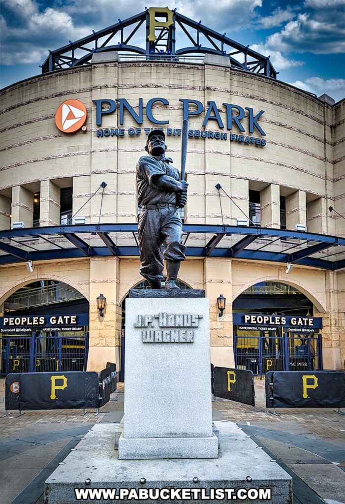 The statue of Honus Wagner, a legendary baseball player, stands prominently in front of PNC Park, home of the Pittsburgh Pirates. The statue captures Wagner mid-swing, mounted on a solid pedestal that bears his name. The entrance of the ballpark, labeled "PEOPLES GATE," serves as the background, with the Pirates logo and signage visible. The sky above is partly cloudy, suggesting a clear day.