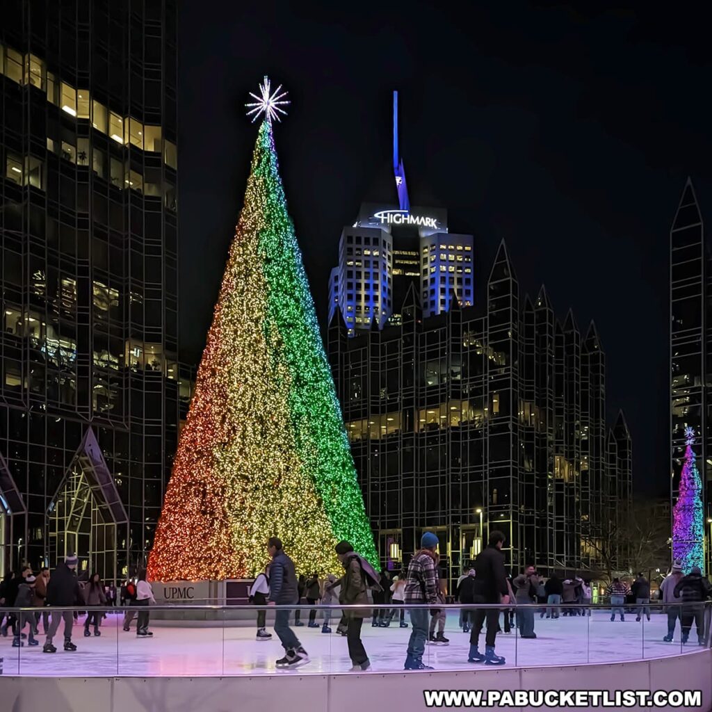 Ice skaters glide around a rink at PPG Place in Pittsburgh, Pennsylvania, with a towering Christmas tree illuminated in segments of red, green, and gold lights. The tree's sparkling white star topper shines brightly against the dark night sky. Surrounding skyscrapers with lit windows and architectural details form a dramatic backdrop, reflecting the festive lights and vibrant energy of the holiday season.
